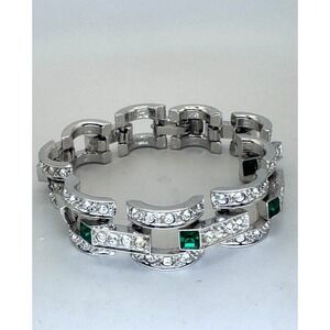 Vintage Nolan Miller Bracelet Silver Tone Crystal Rhinestone Emerald Link